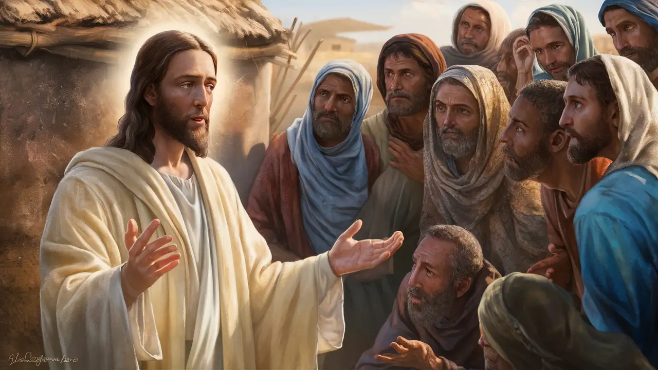 "Illustrate the moment when Jesus responds to the townspeople's request to leave their region, showing his calm resolve amidst their fear and uncertainty. Highlight his compassion even in the face of rejection."