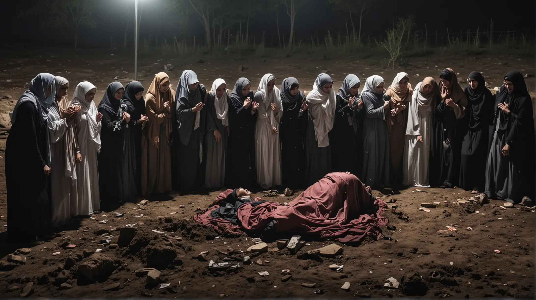 a group of hijabi woman crying surrounded near a dead body which a hijabi woman lave at night