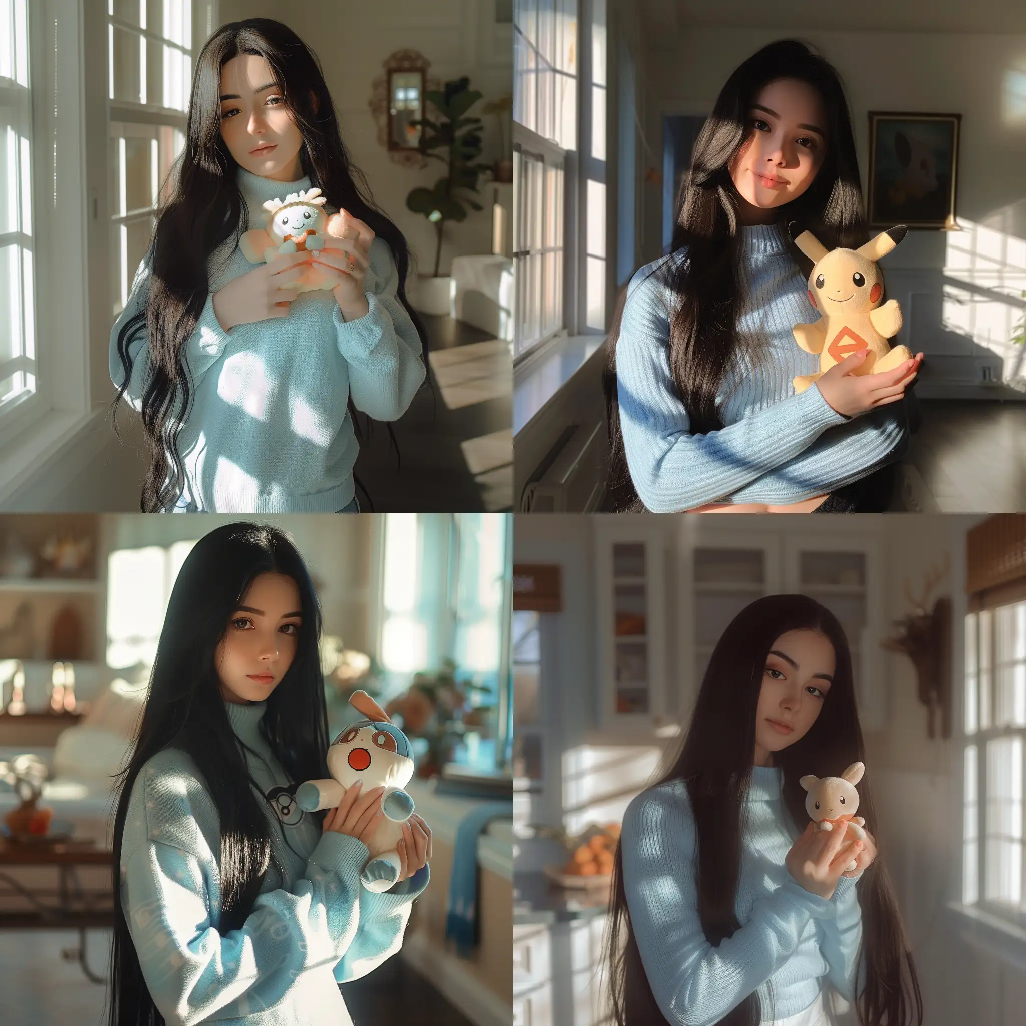 girl with long black hair in a sunlit room in a light blue sweater holding a victreebel pokemon plush aesthetic profile picture