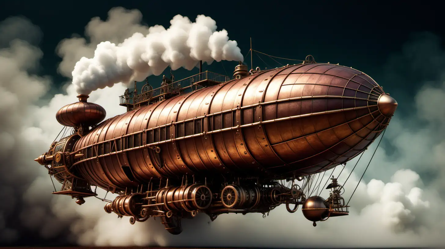 steampunk airship, powerful, pumping steam