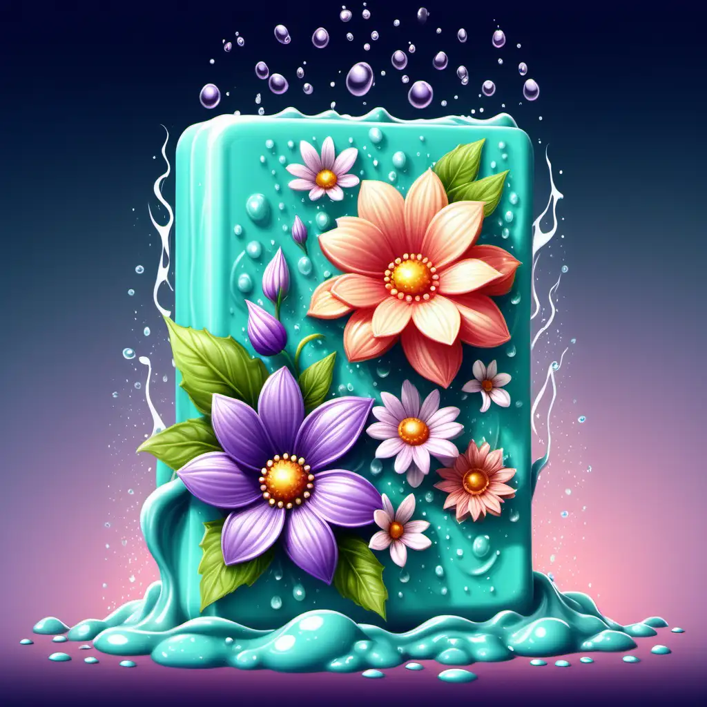 Exquisite Shower Soap with Blossoming Flowers Vibrant Spring Colors in High Definition Fantasy Style