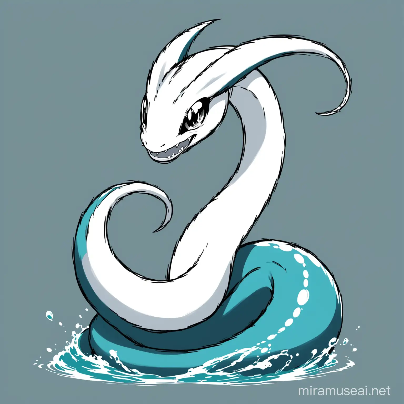 a water serpent that looks similar to the pokemon dratini but is menacing looking, has a long body, small eyes, black and white, no color, no background