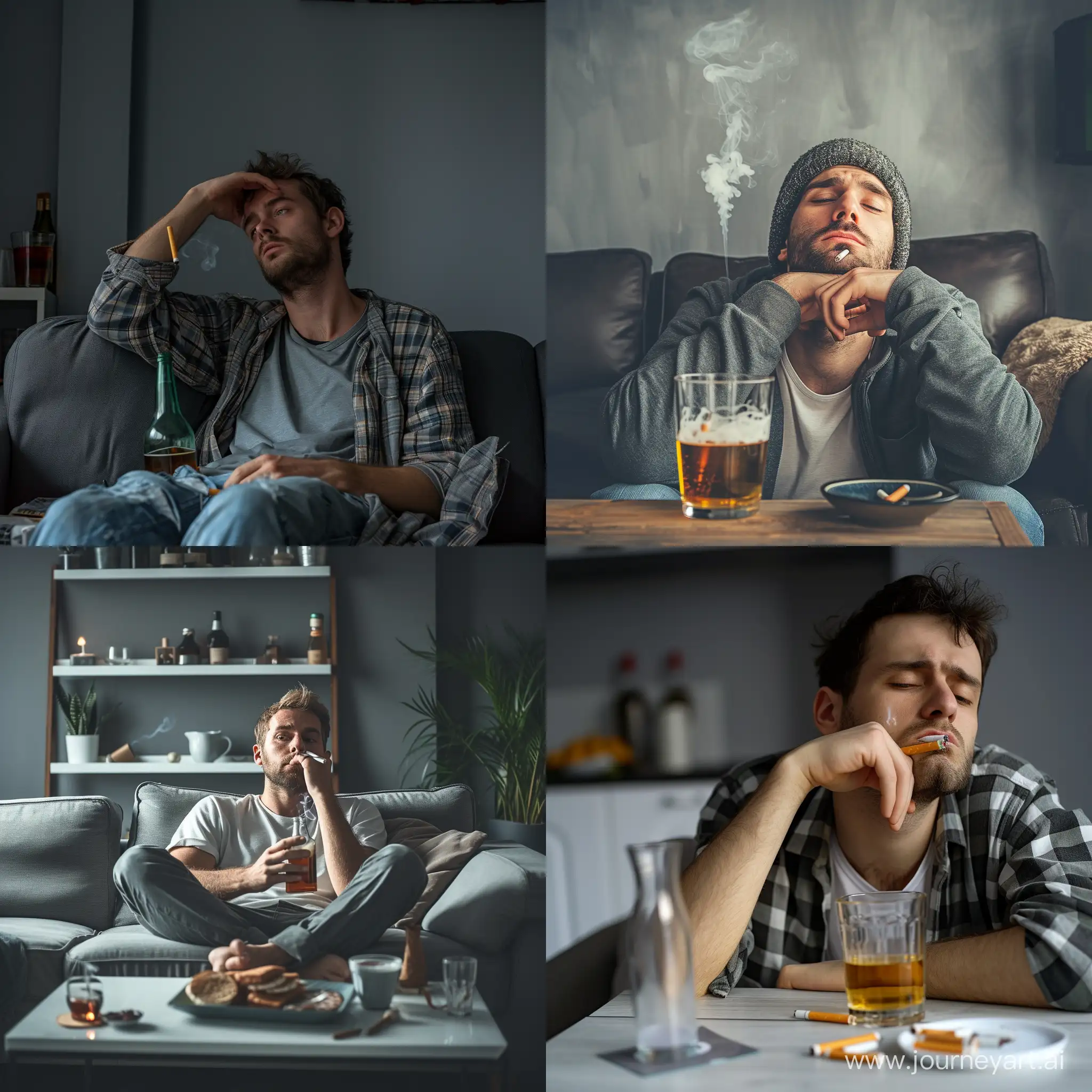 Алкоголик курильщик хочет бросить пить и курить, но ему тежело, скучная серая  квартира 