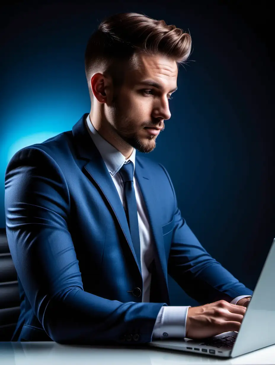 Professional Male Marketing Manager Working at Laptop in Dark Blue Theme