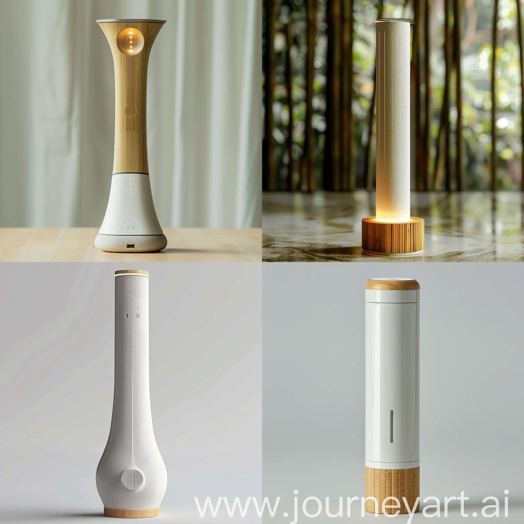 "Visualize a smart energy management device inspired by the serene beauty of Zen gardens and the natural elegance of bamboo. The device stands 25 cm tall, tapering from an 8 cm sustainable bamboo base to a 5 cm top, embodying the strength and flexibility of bamboo. Its body, made from high-quality recycled plastics, adopts neutral tones of white or light gray, with a textured surface mimicking bamboo's natural feel. Atop, an innovative LED light tag simulates the dappled sunlight through bamboo leaves, serving both as an ambient light source and notification indicator. A discreet touch-sensitive strip allows for intuitive user interaction, blending seamlessly into the device's form. The base hides a USB-C charging port, maintaining the sleek, cord-free aesthetic. This concept merges technology with traditional Zen aesthetics, creating a piece that not only enhances smart home functionality but also promotes sustainability and mindfulness."realistic style