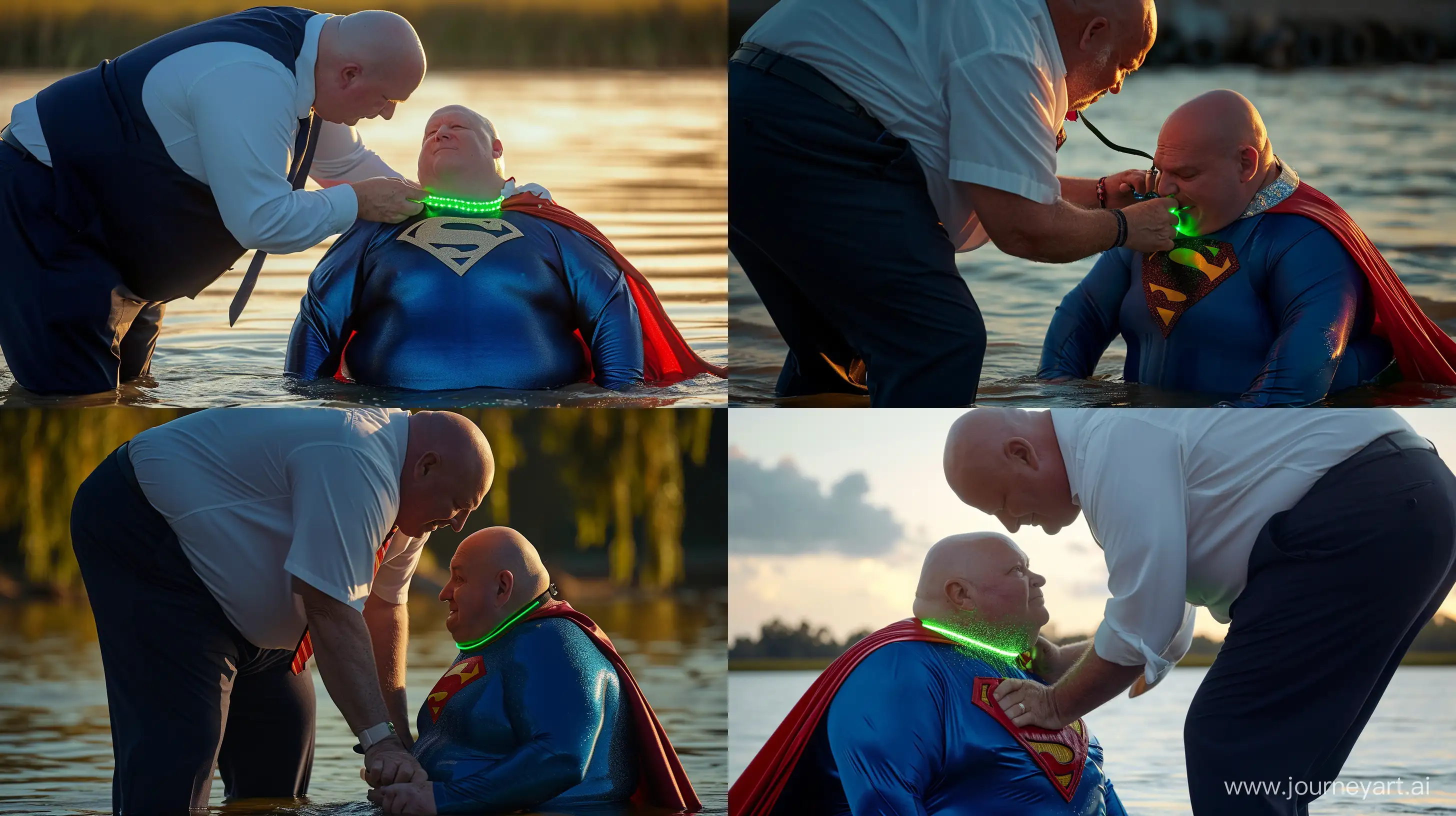 Elderly-Mens-Playful-Water-Adventure-with-Glowing-Dog-Collar-and-Superman-Costume