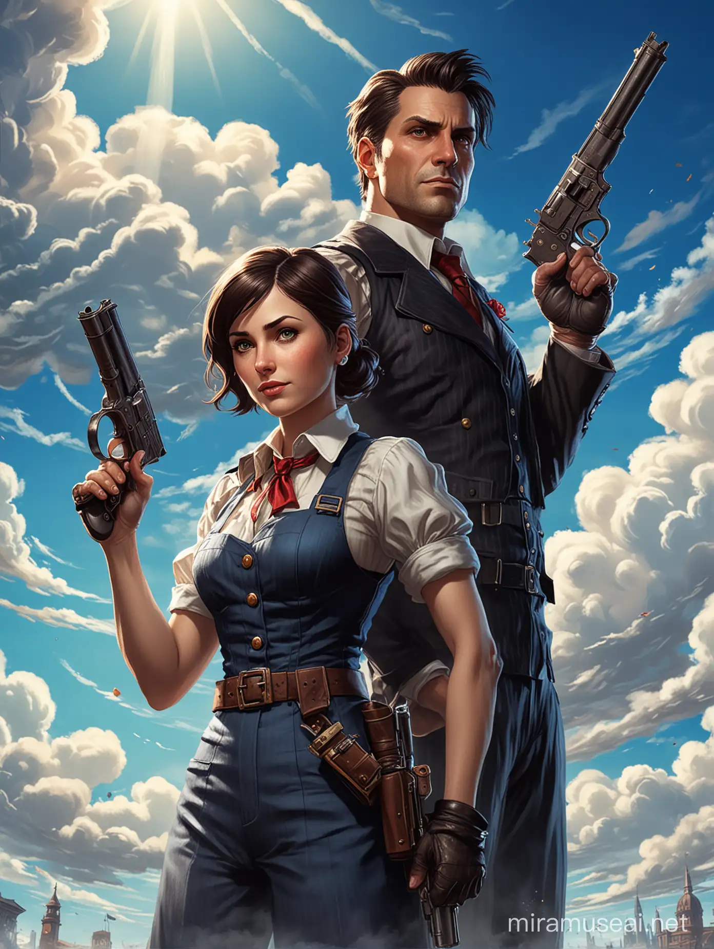 Booker dewitt from bioshock infinite and anni starlight from the boys holding a pistol clouds blue sky background columbia