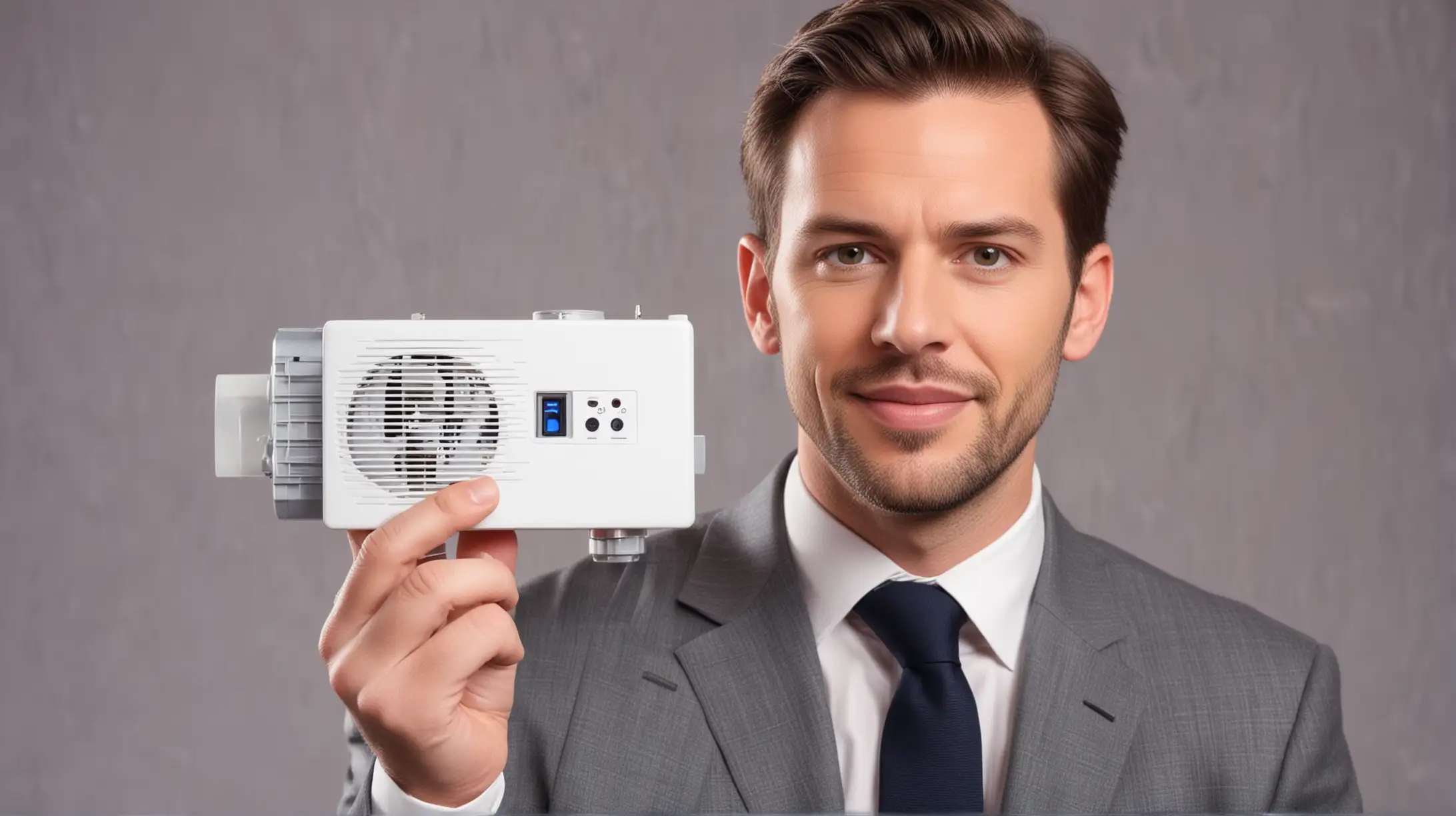 Attractive white man tv host holding small air ionizer. On talk show set. Close up