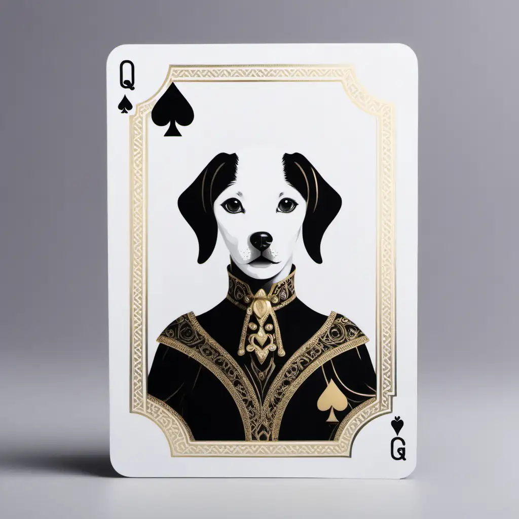 carta Q dama de espada dourada com detalhes pretos e brancos com a imagem do rosto de uma cadela no lugar do dama de frente