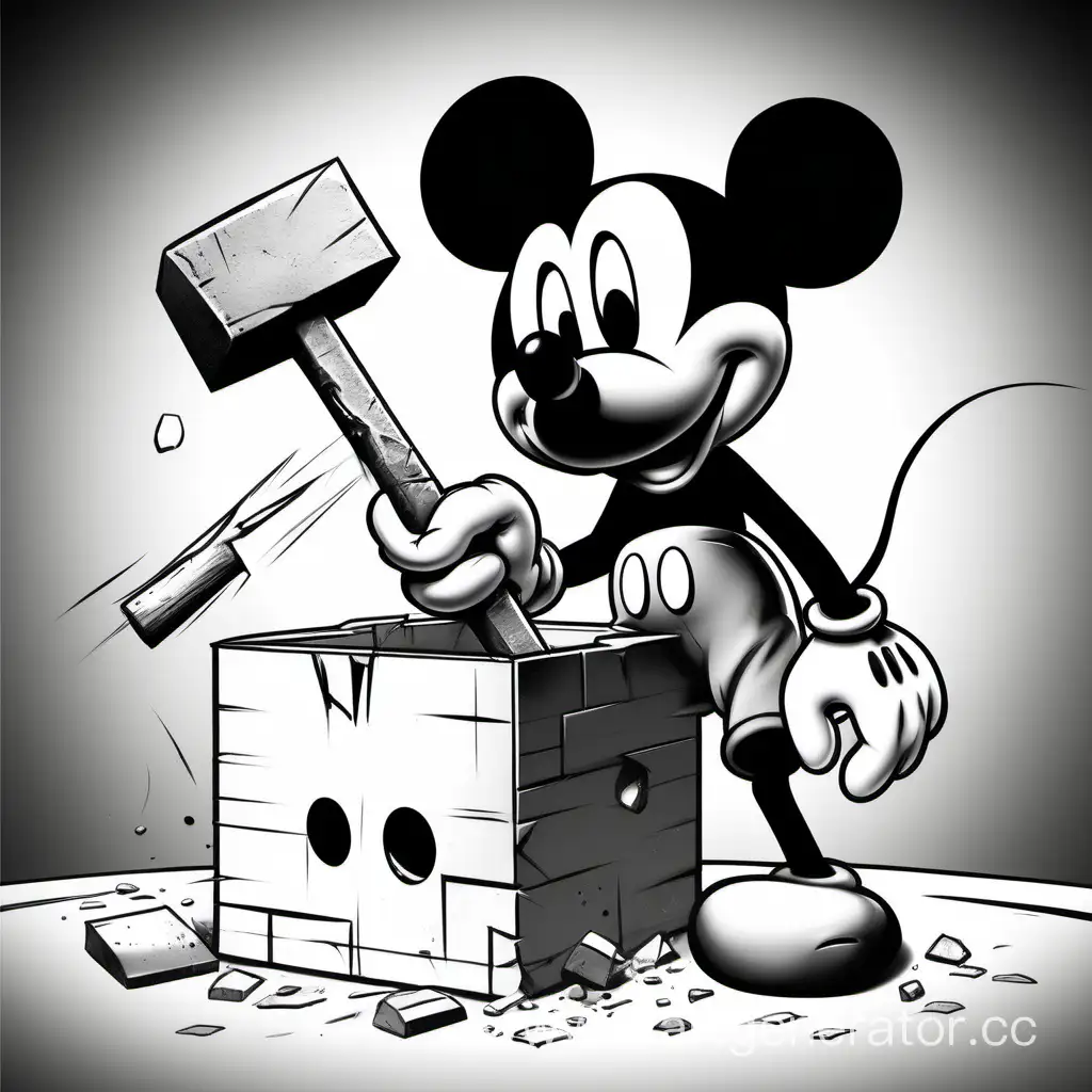 Микки Маус разбивает кувалдой ящик, черно белый, мультфильм, иллюстрация