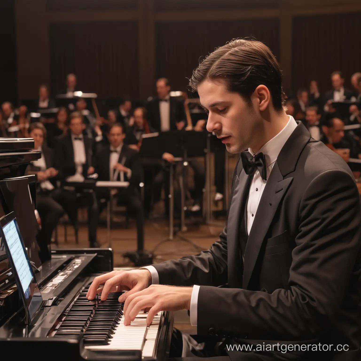 Elegant-TuxedoClad-Pianist-Masterfully-Performing-on-Laptop-Keyboard
