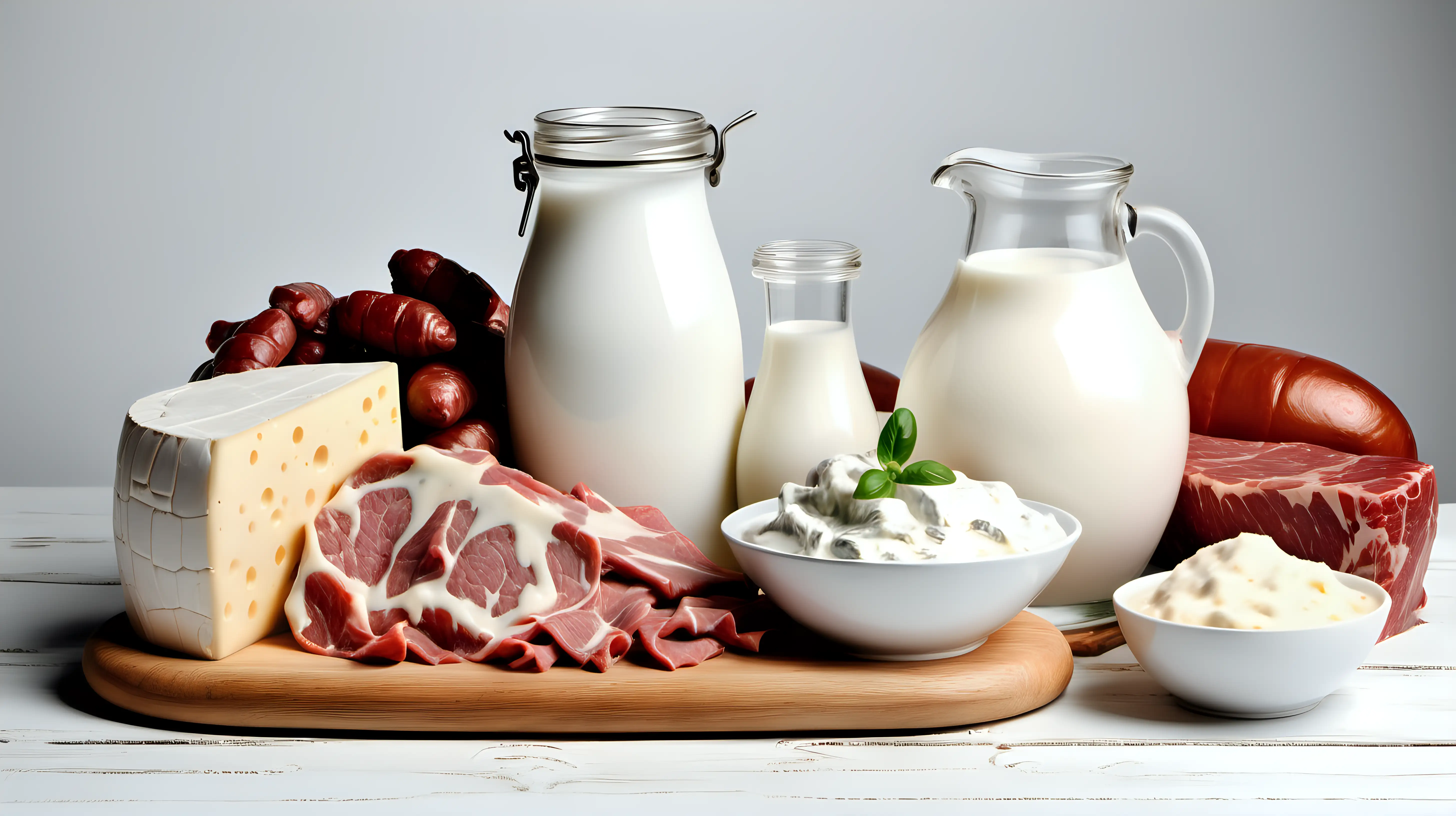 Product of goat. milk, meat, cheese, yogurt on wooden table, isolated on white background