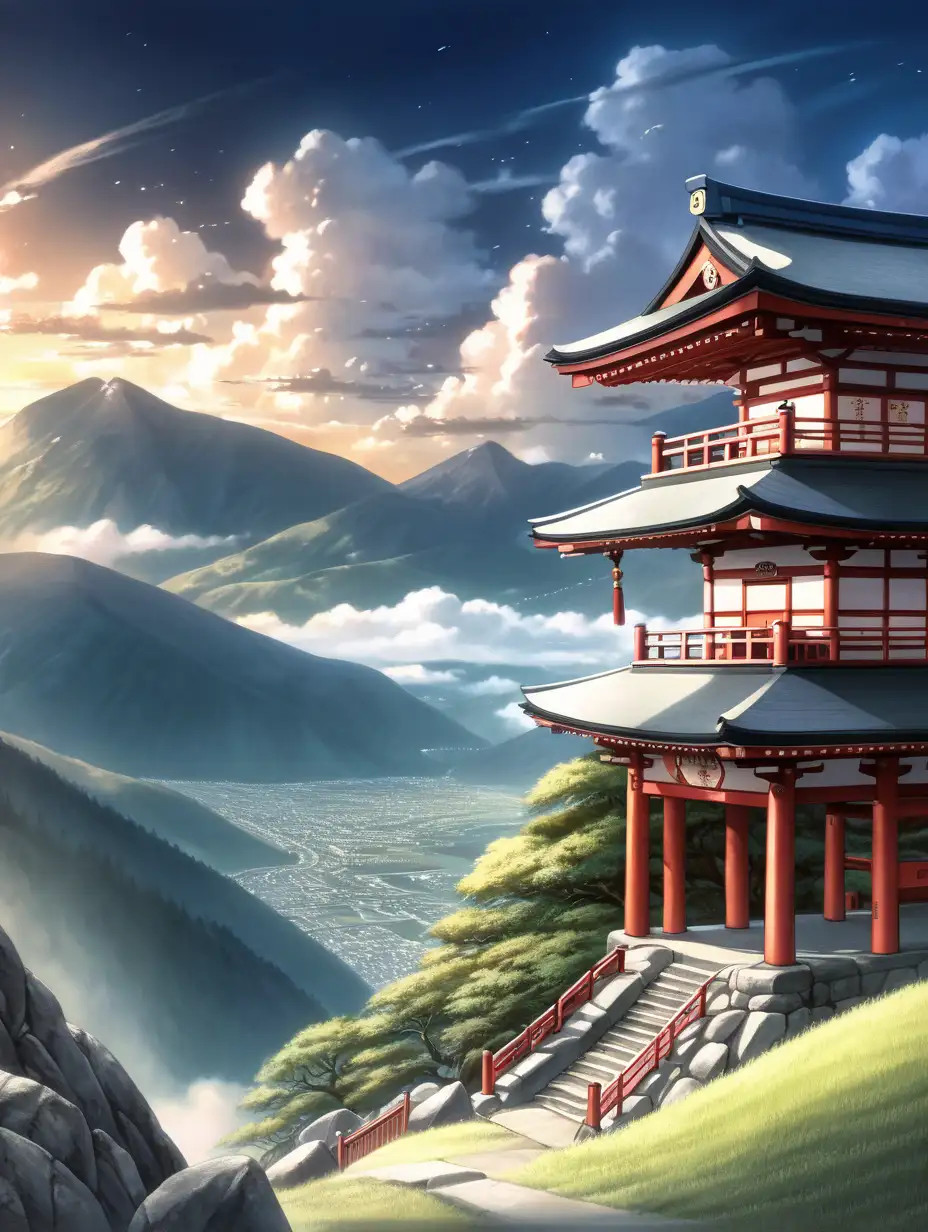 anime style, mountain background, shrine grounds, valley, clouds circling, dramatic lighting, wide shot