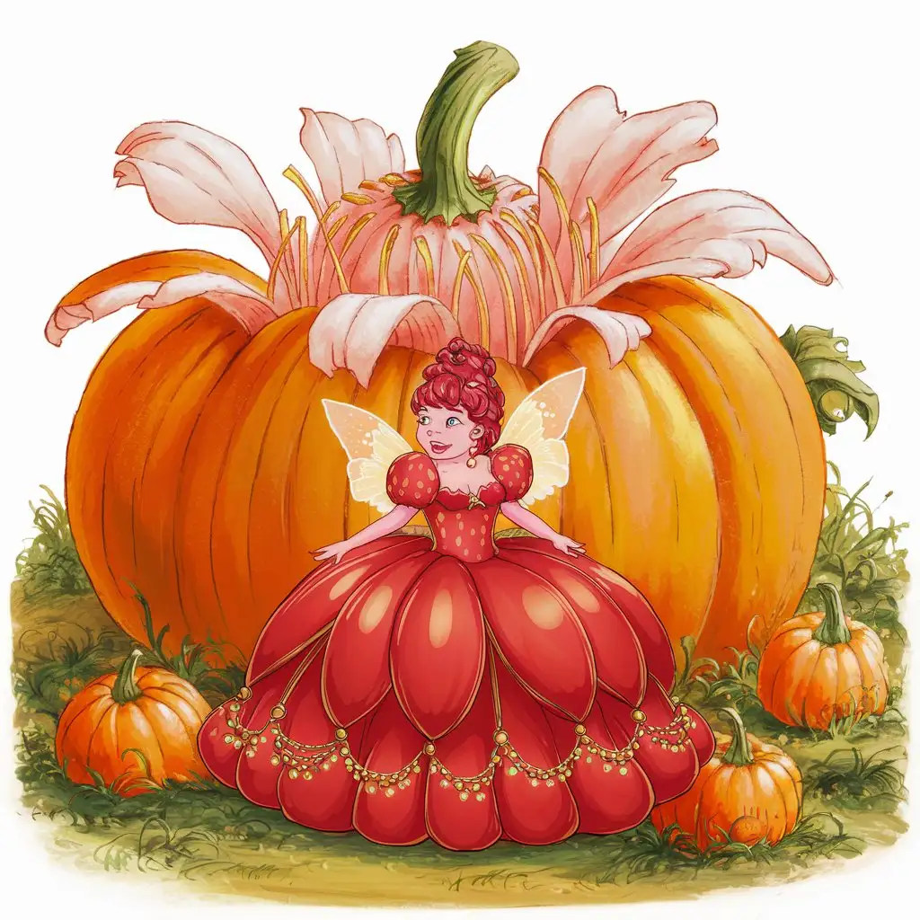 A pumpkin patch with a giant flower that is a pumpkin peeled back to make  petals ,
 Strawberry colored fairy sits in the middle of the blooming pumpkin flower, the fairy wears a puffy red ball gown 