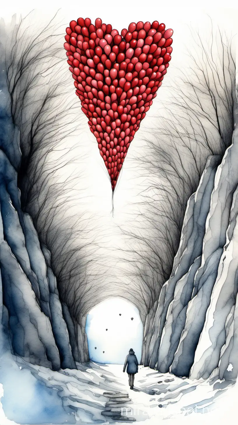 view of a tunnel entrance, from which many red balloons in the shape of a heart emerge and fly into the sky, winter, sun, blue sky, charcoal, delicate watercolour and ink