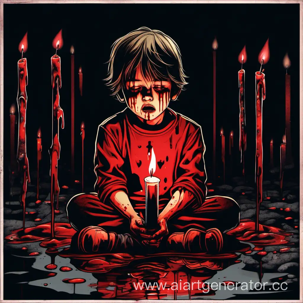 Плачущий Мальчик со свечкой сидит рядом с лужицей крови в мрачном помещении


