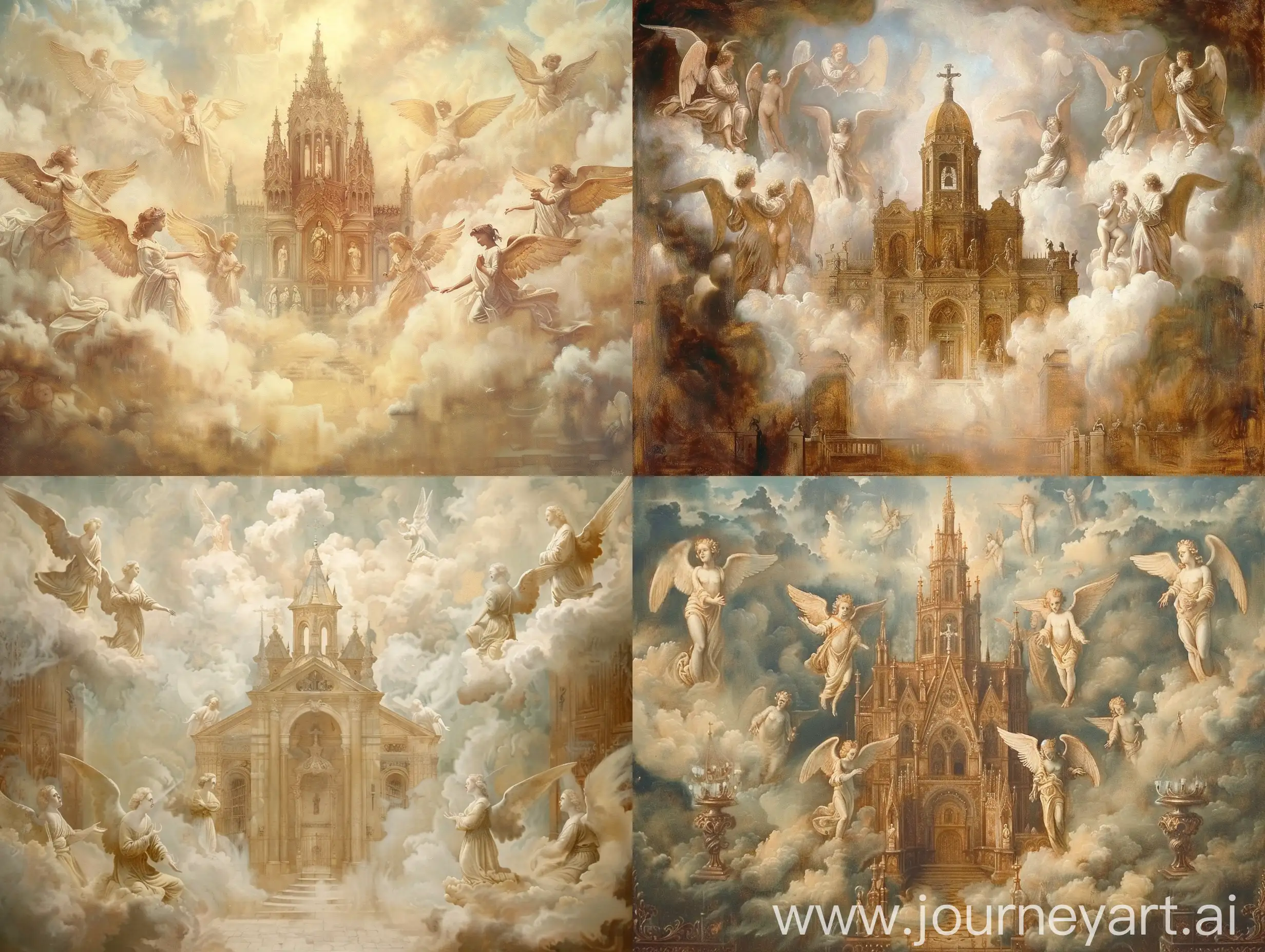 文艺复兴油画，很多天使人物雕塑，中间是辉煌的教堂，云雾围绕