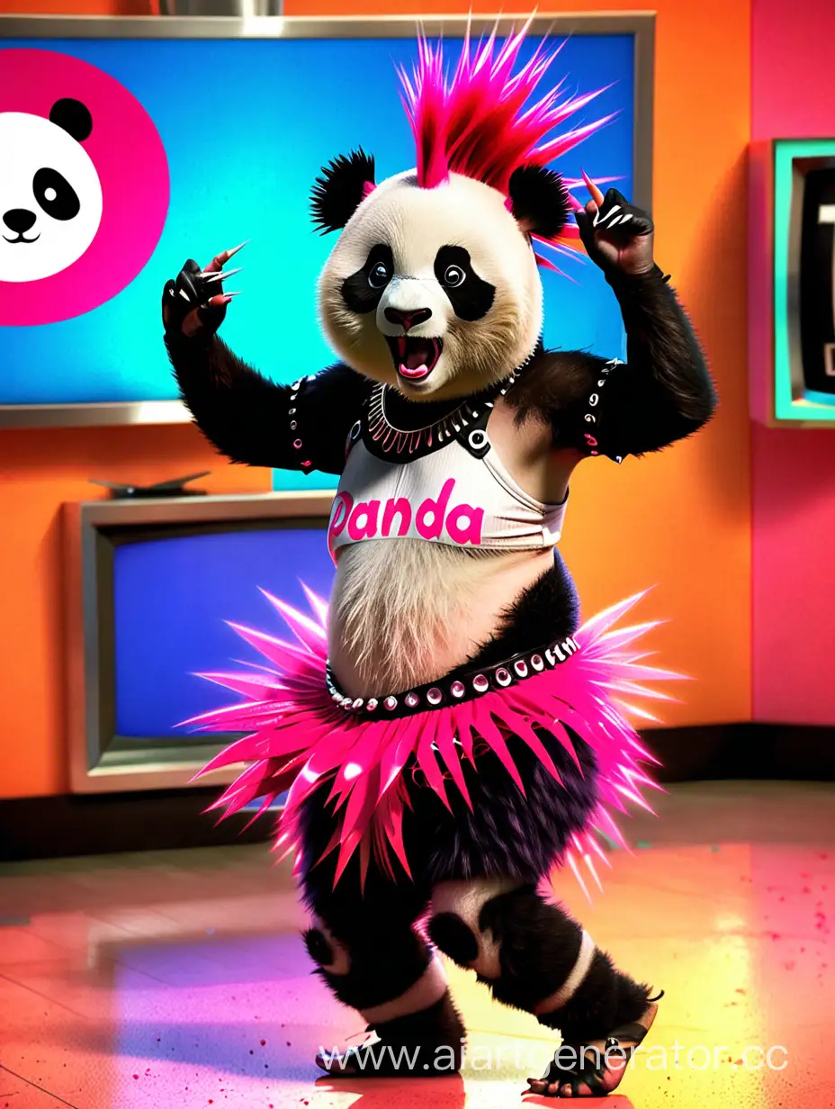 Панда с розовым ирокезом и пирсингом танцует на телеканале Пятница.