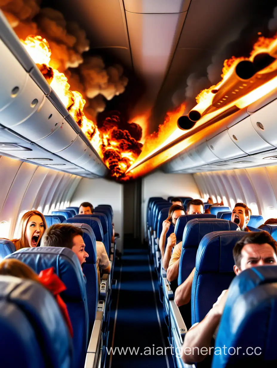 high quality digital photo, PASSENGERS SEATED IN AIRPLANE BACKGROUND, THEY ARE SCREAMING, PLANE IS BURNING ,  wide