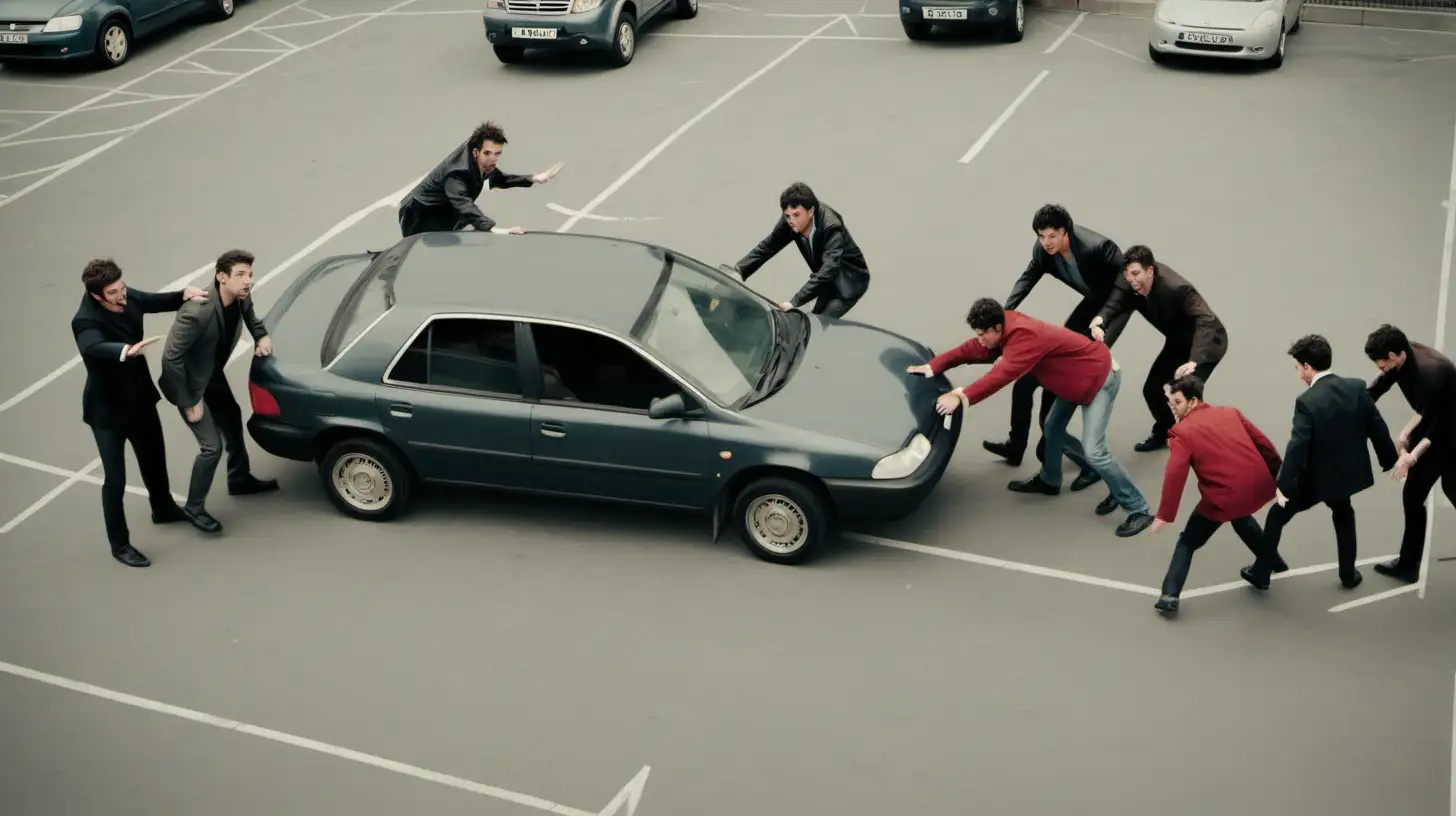 There's a stalled car in an empty open car park. Seven friends have decided they need to get the car moving by pushing it so everyone is leaning in and pushing the car really hard but they're all pushing in different directions.