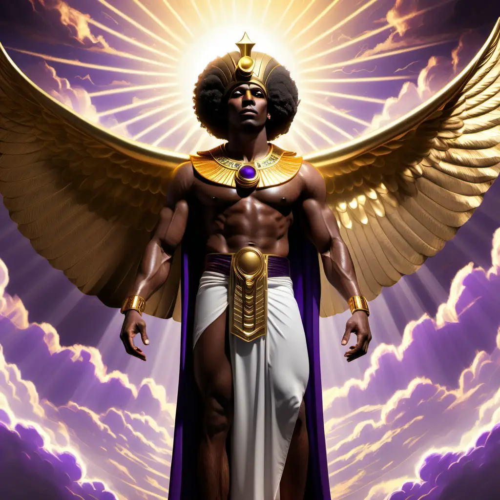 create a muscular African American man with the wings of isis on his adorned in a gold crown, short afro, brown eyes, purple, gold and white Egyptian robe. standing in clouds with a ray of sun beaming down with the eye of Ra as a shadow in the background