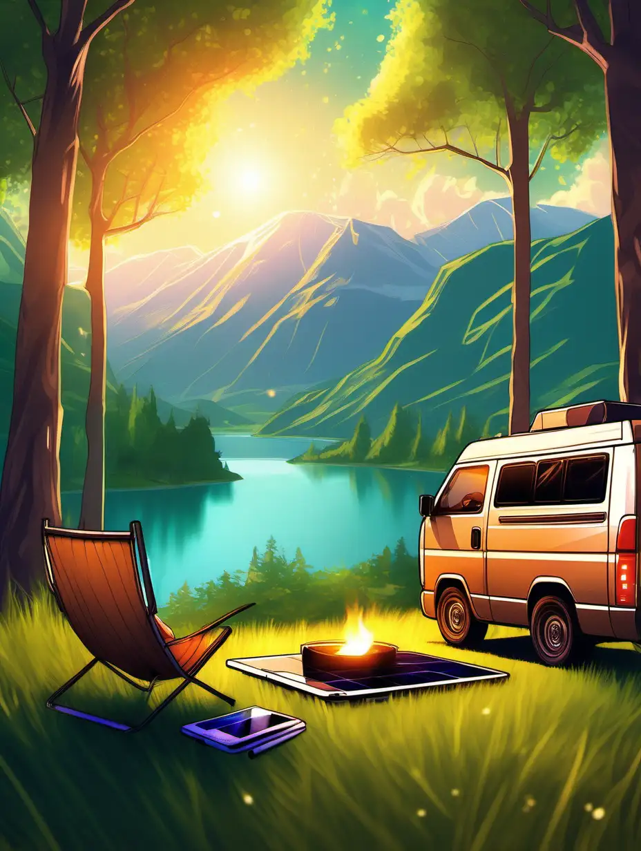 Imagine a breathtaking painted artwork showcasing a modern van nestled in a picturesque natural landscape. The van is a sleek, high-tech marvel with solar panels on its roof, and it's parked under a canopy of vibrant green trees. The scene is bathed in soft, golden sunlight, and you can see a group of digital nomads working comfortably inside the van, their laptops glowing. Outside, there's a hammock hung between two trees, and someone is leisurely swaying in it while working on a tablet. Nearby, a campfire crackles, and a drone hovers overhead, capturing the essence of this free-spirited lifestyle.

In the background, the landscape stretches out into the horizon, with rolling hills, a serene lake, and a distant mountain range. The van is surrounded by an aura of tranquility and limitless possibilities, embodying the idea that in the world of digital nomads, freedom knows no bounds