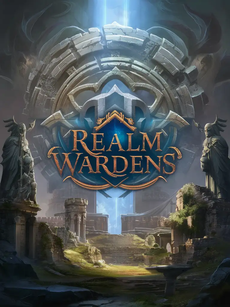 STYLIZED GAME ART WITH LOGO "REALM WARDENS" LOOMING STATUES ANCIENT FANTASY RUINS TOWER fantasy world immense PORTAL, DRUID sentinel