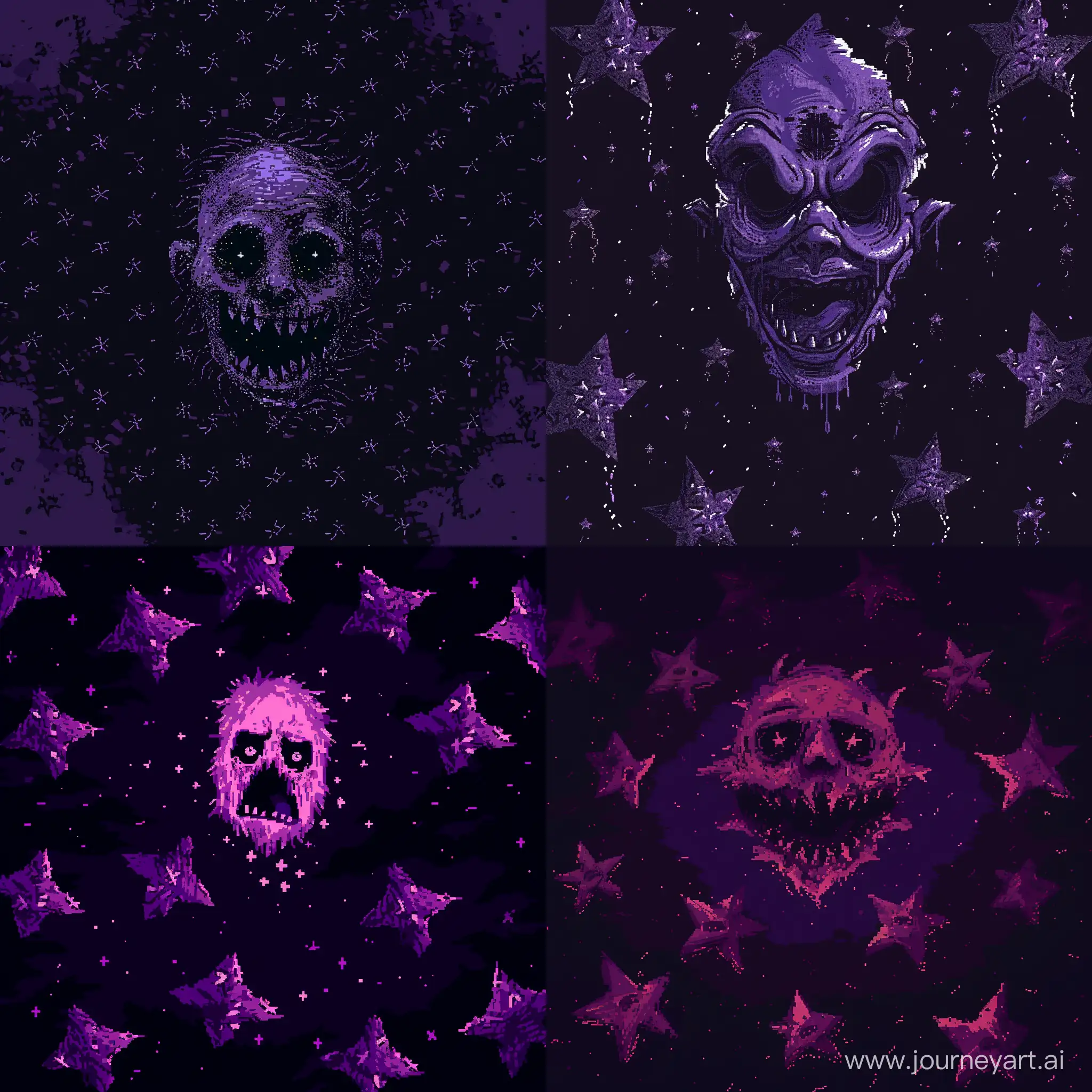 SCARY CREEPY PIXEL ART, 2d, purple-black background with repeated drawings of pixelated sloppy ugly stars, a painted creep ugly but at the same time attractive face in the middle in the style of old 1970-1980 console games, nes, as low-poly as possible with a small number of details, bloom, Y2K era, big pixelated image, VERY FEW DETAILS, VERY MINIMALISTIC, darkened scary picture