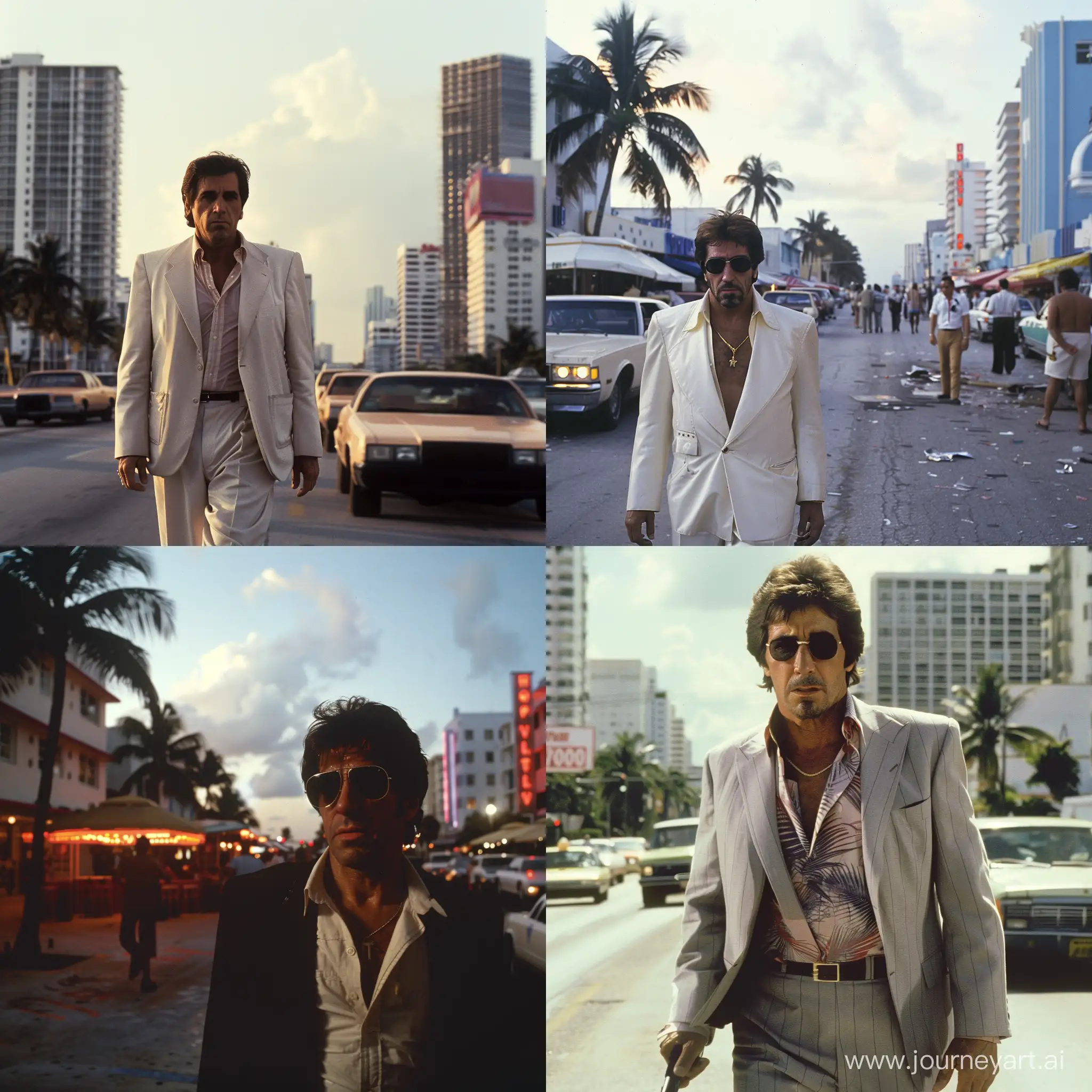Crea una imagen cinematográfica de una película de John Carpenter de la década de 1980s donde se observa a al Pacino vestido de Tommy vercetti en la ciudad de Miam