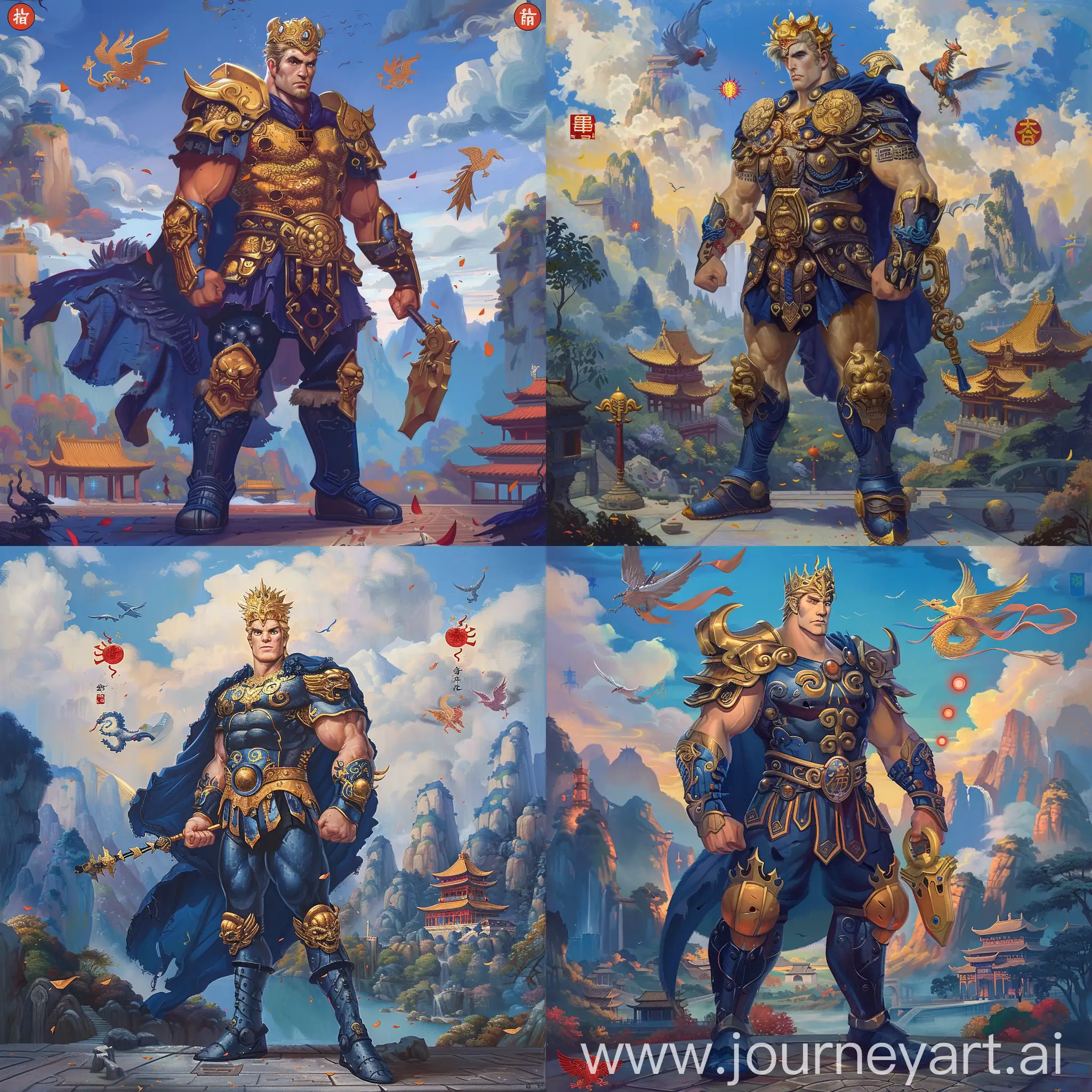 Historic painting style:

a Disney handsome Greek hero Hercules, from Disney's Hercules cartoon,

he has a dark blond color hair and golden Chinese crown,

he wears dark blue steel boots,

he wears dark golden Chinese style medieval armor, with thunder emblems, he has a deep blue cloak on back,

he holds a golden Chinese medieval blade in right hand,

Chinese Guilin mountains and temple as background, small phoenix and three small red suns in blue sky.