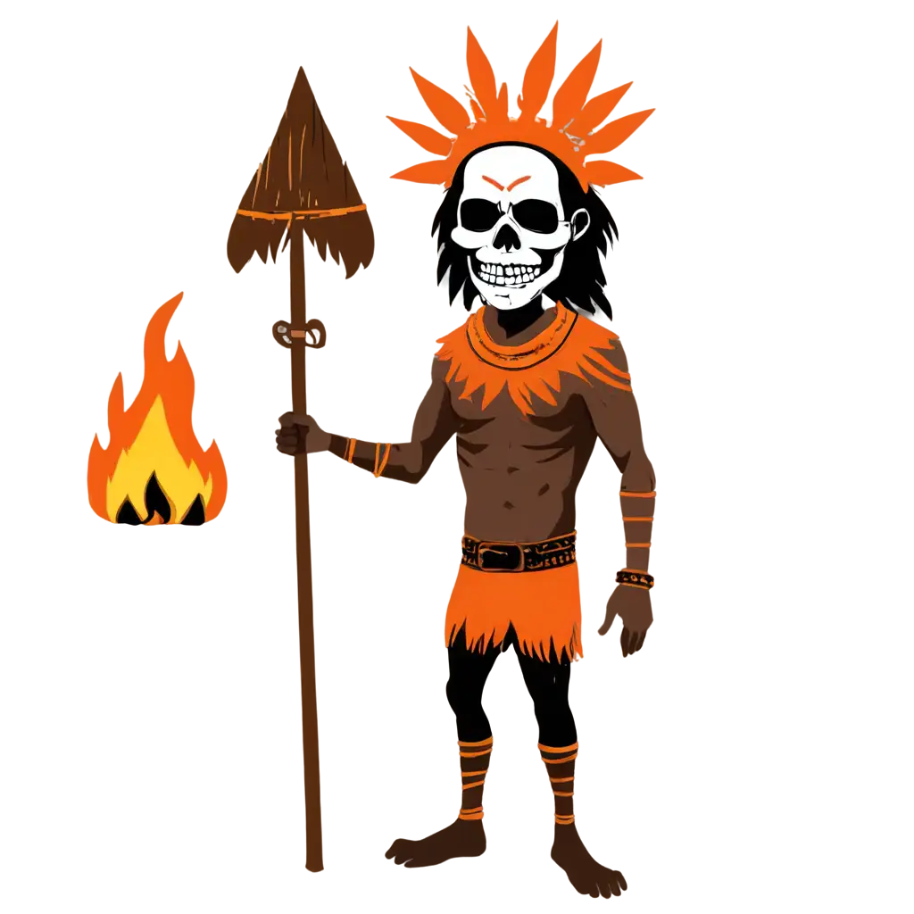 create a chief of primitive people dressed in skins and with a skull on his head, who says something near the fire, style vector drawing
