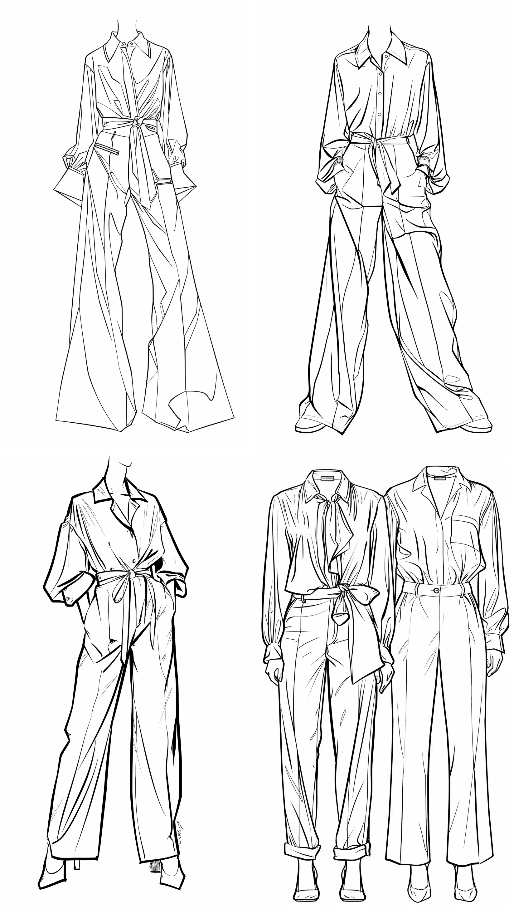 fashion silhoutte,oversizef blouse and oversize suit pants,line drawing only, black and white, white background --ar 9:16 --v 6