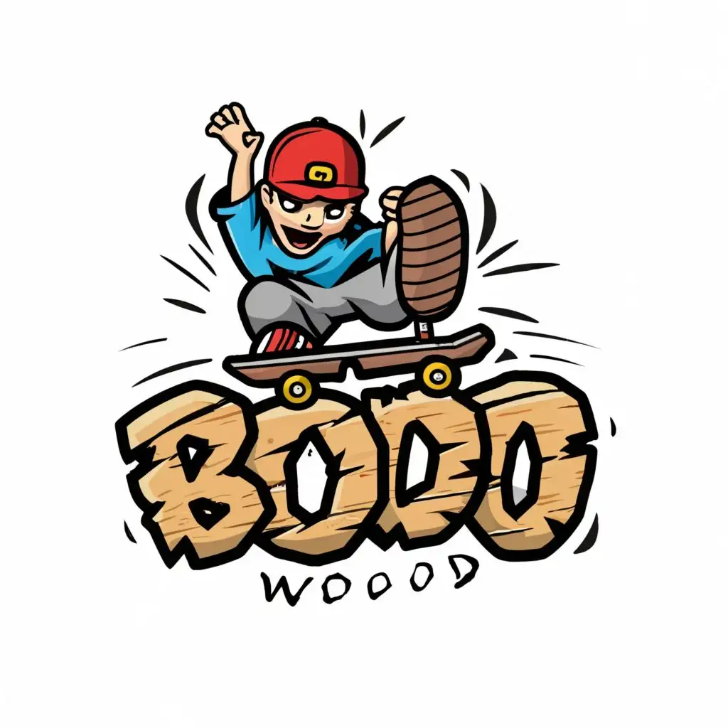 A fingerskateboard grinding over the Logo "Bodo Wood". The Logo is made out of wood. Grafitti comic style, with the text "Bodo Wood", typography, be used in Sports Fitness industry
