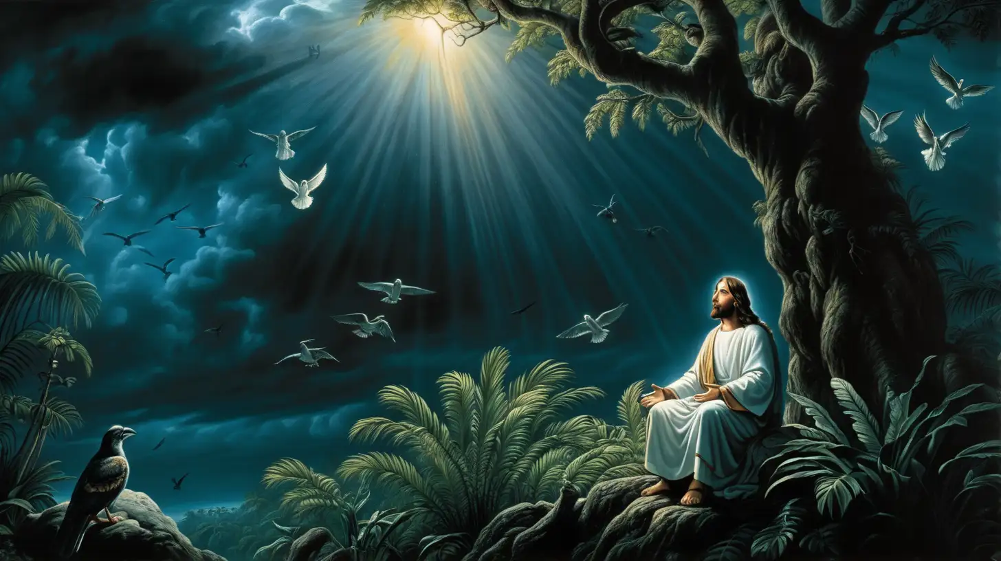 Close up image, Jesus sitting under tree, biblical history, divine light on Him, in a jungle, blue dark clouds, dark black background, birds, 