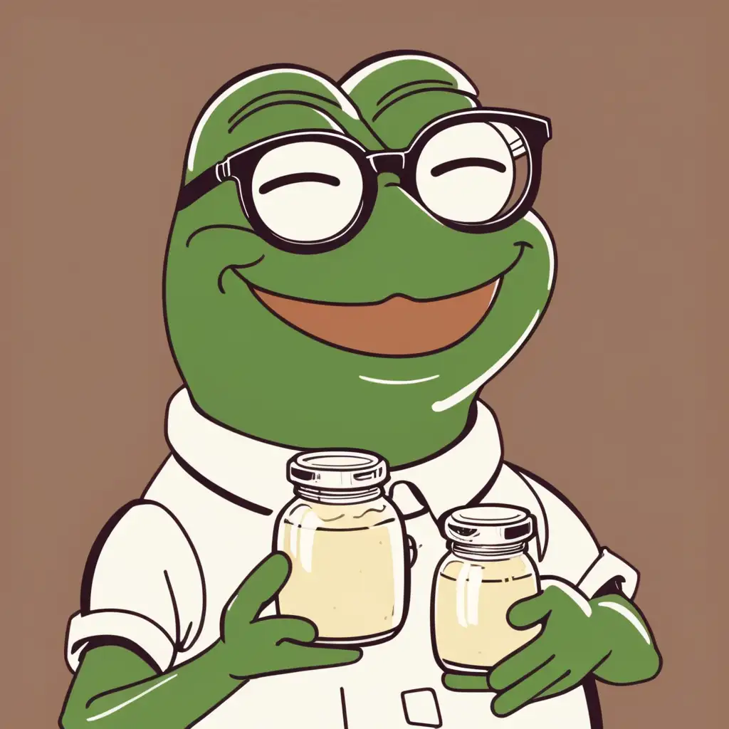 nerdy pepe smiling holding a cute jar of mayonnaise 