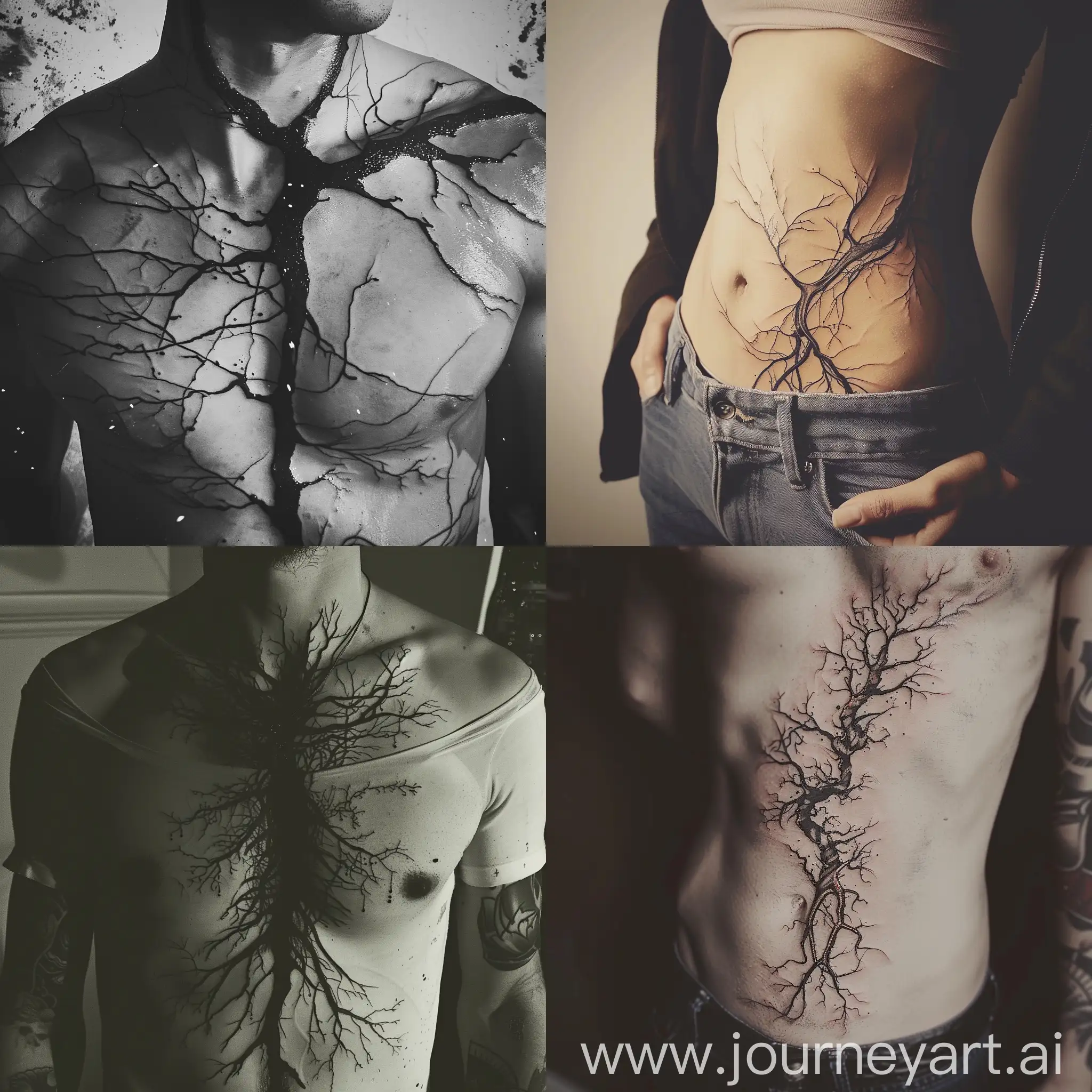 I want a tattoo design from the neck to below the navel. I want it to look like a vein. I want it to be minimal but busy. I want to show my dark personality. I want to show my pained personality. I want to show my calm personality. I want to show my emotionless personality.