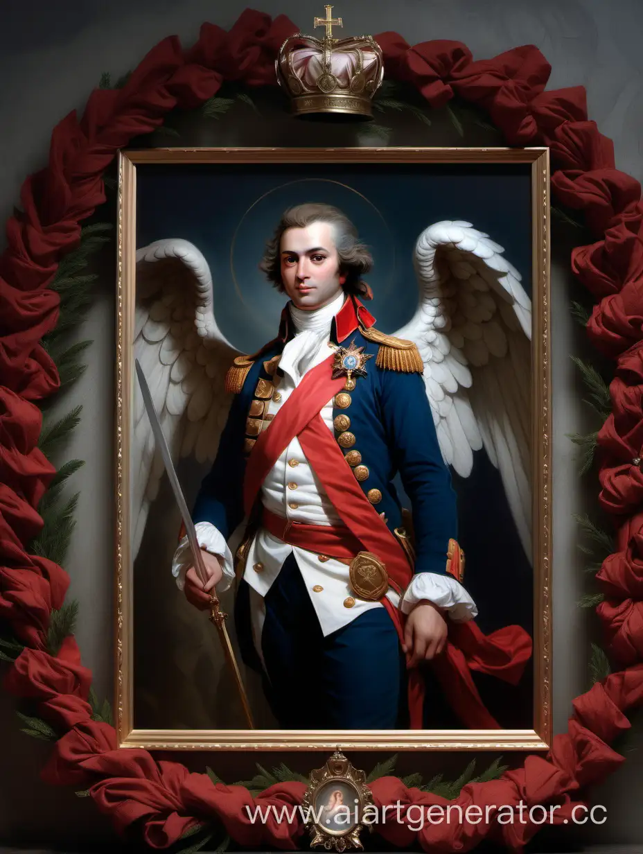 breathtaking oil painting, Miniature of the Great French Revolution of 1796, framed by wreaths with the face of St. Michael the Archangel, the River Reims and the French crown in the center, photorealistic oil painting, by charlie bowater, fine details, by wlop, trending on artstation, very detailed quality, HDR, realism, 