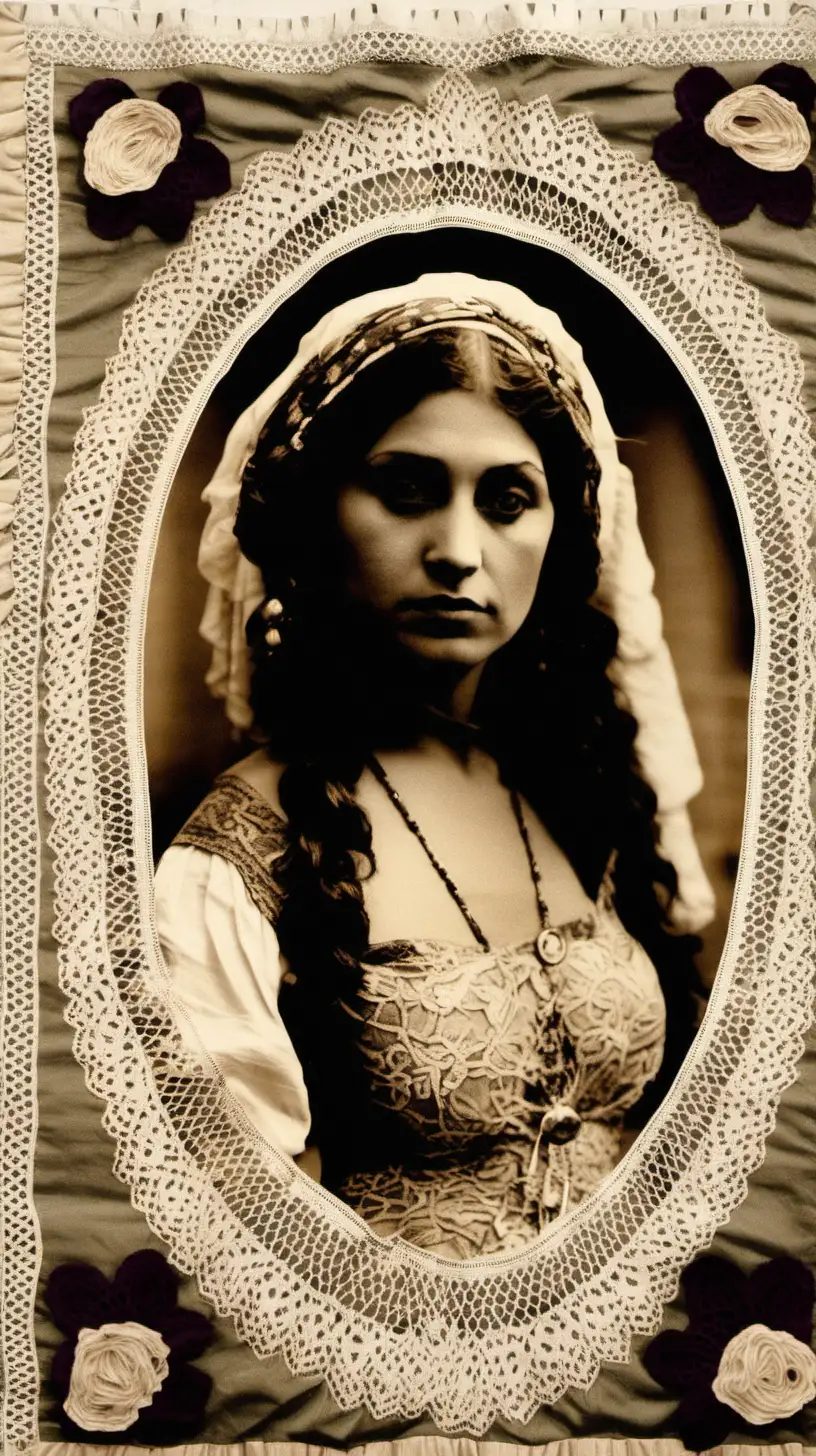 a lacework with gathered fabric  with a photo of a  gypsy lady in the centre 