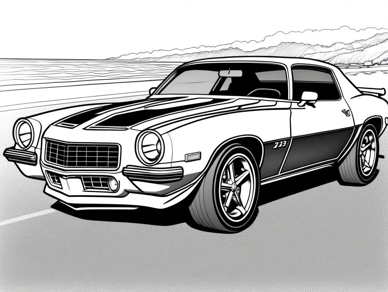 coloring page for adults, classic American automobile, 1973 Chevrolet Camaro Z28, clean line art, high detail, no shade