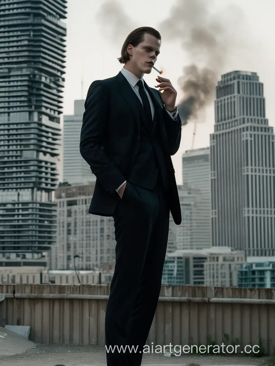 парень, похожий на актёра Билла Скарсгарда, стоит в классическом чёрном костюме, на фоне многоэтажных зданий, и курит сигарету.