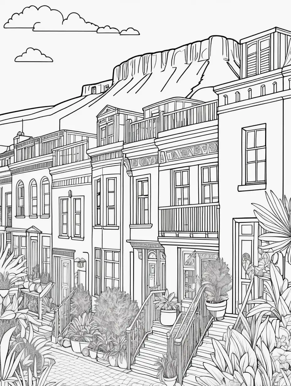 A Coloring book page, Illustrate a vibrant townhouse coloring page set in Cape Town, South Africa. Feature the city's unique architecture with Table Mountain in the background. Include clean lines and playful elements like colorful markets and diverse flora.