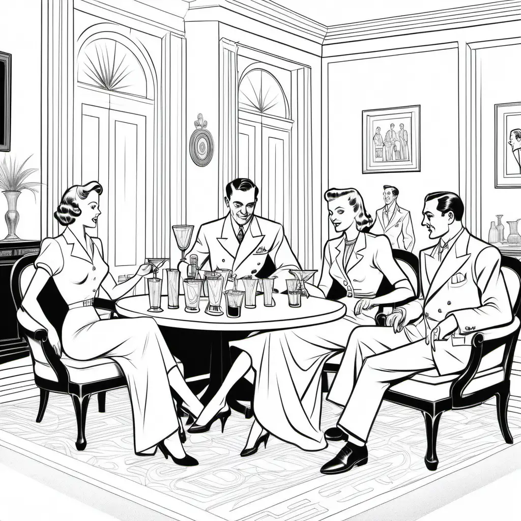 a simple black and white coloring book outline of 1940s men and women having cocktails in drawing room, for coloring