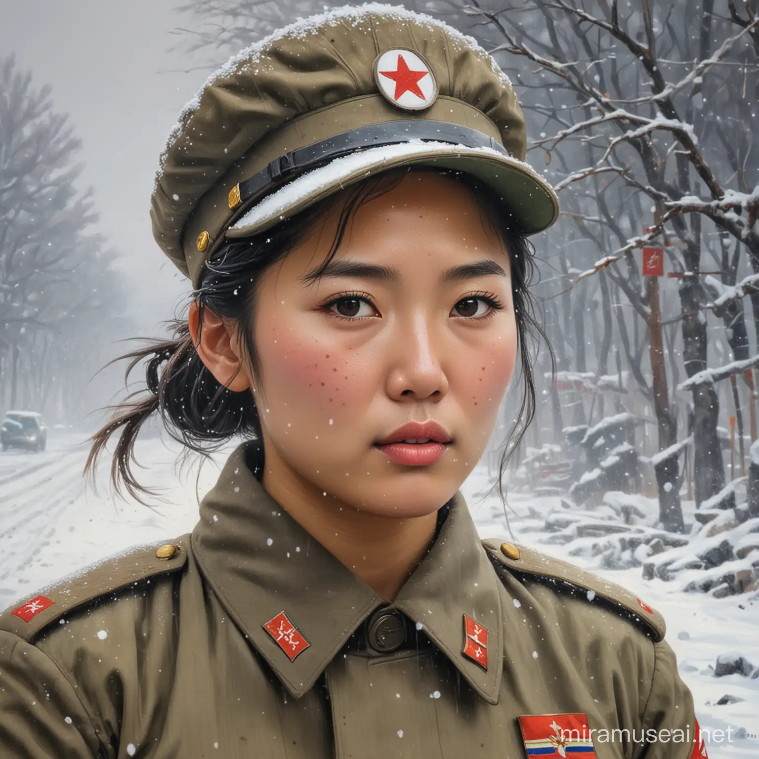 Peinture impressionniste d'une femme soldat nord coréenne prise dans la tempête de neige 