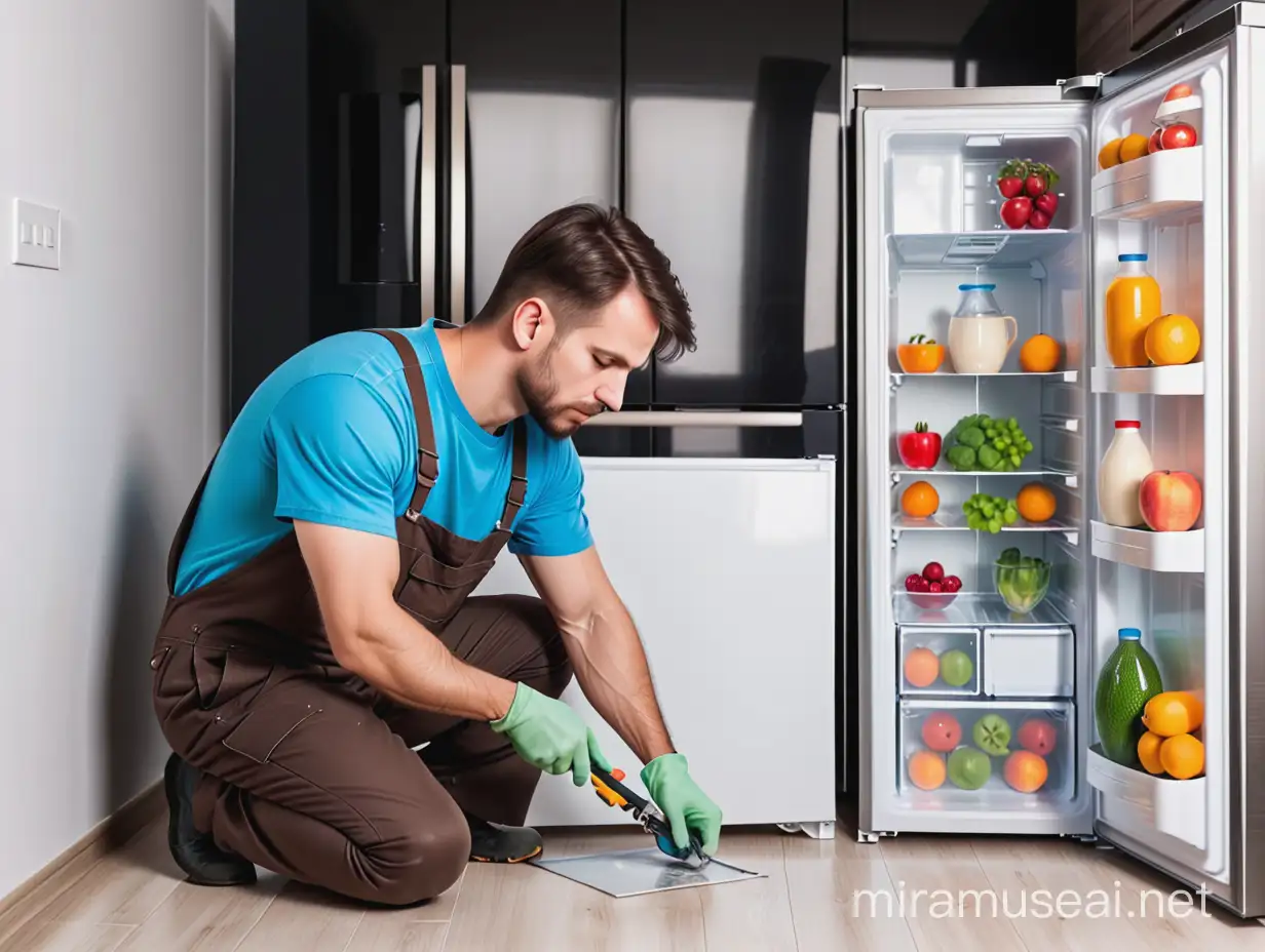 Man Repairing Refrigerator in Kitchen