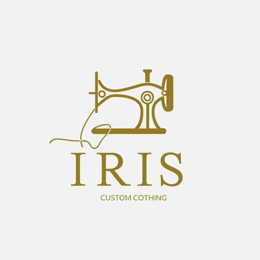 a logo design,with the text "Iris", main symbol:sewing shop, gold, white background, custom clothing, clothing, knitted clothing, knitting machine,Минималистичный,be used in Другие industry,clear background