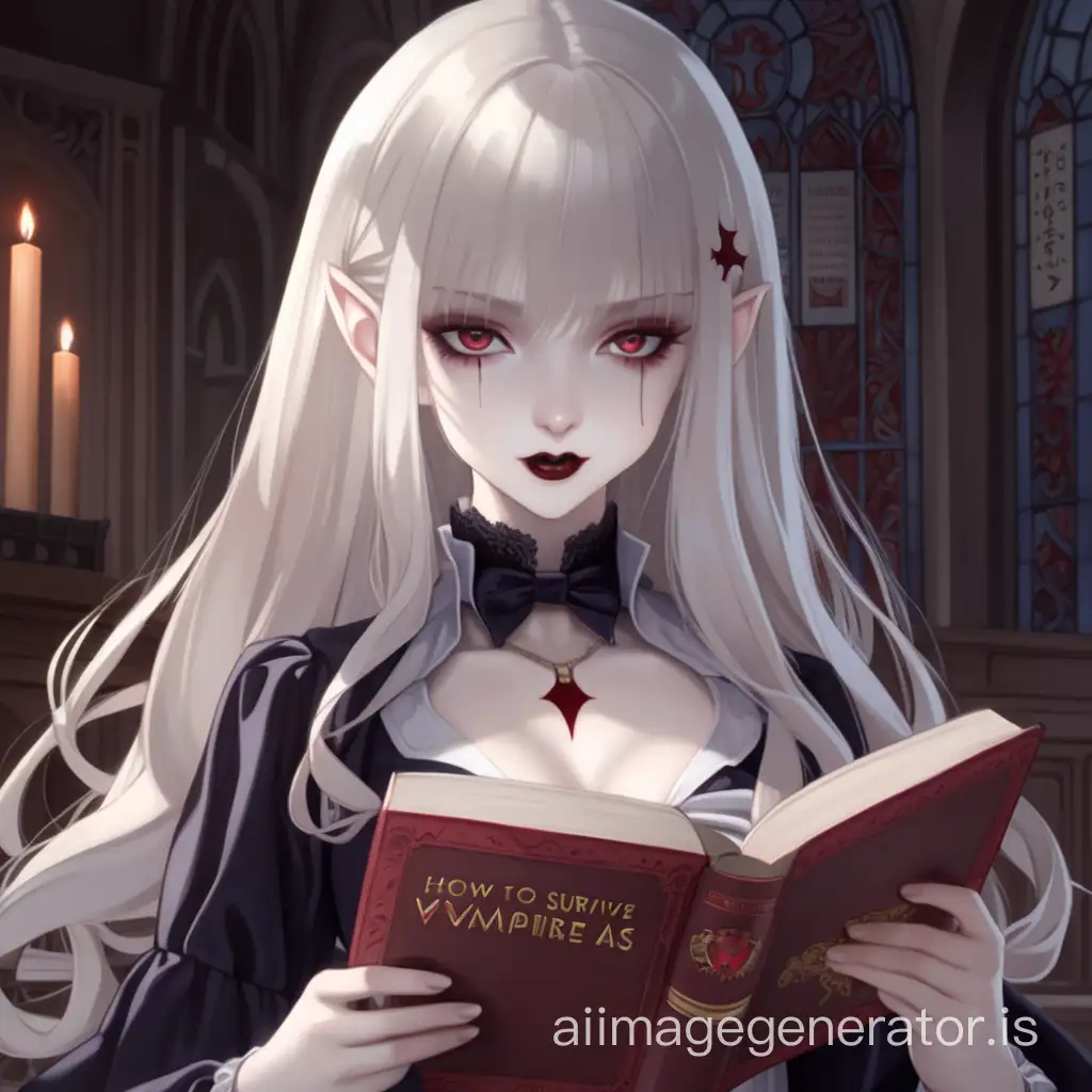 anime girl vampire with pale skin reading book "how to survive as a vampire"