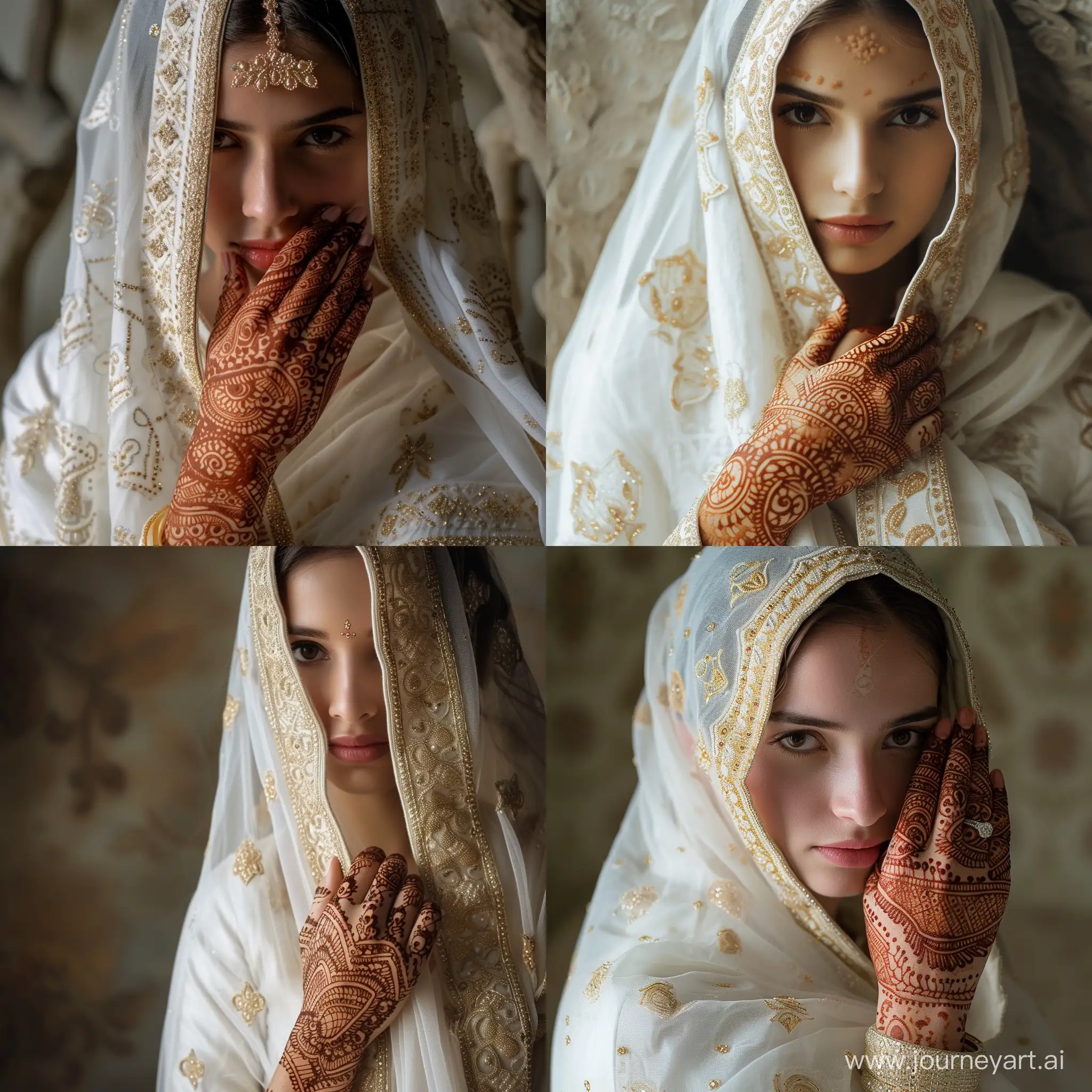  لقطة فتاة عروس بالباس الساري الهندي الابيض المزخرف بالذهبي بغطار رأس يظهر نصف الوجه و نقش حناء على يدها 