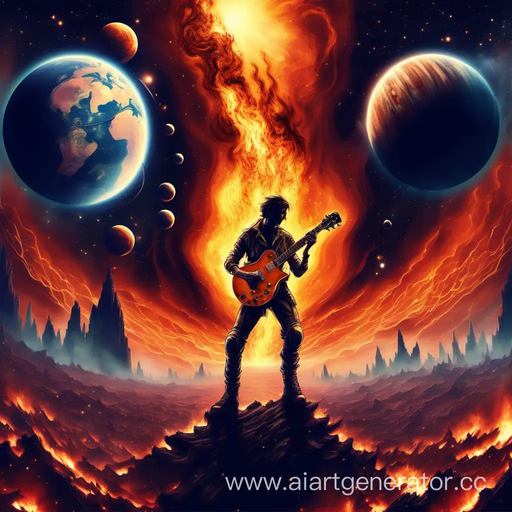 guitarist against the backdrop of a planet, surrounded by fire and open space