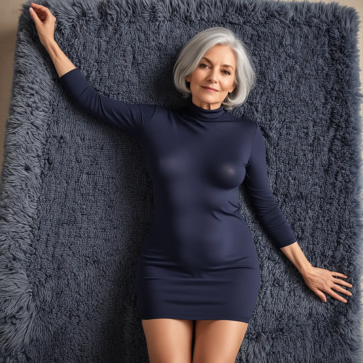 a slim beautiful 70-year-old woman with big breasts and grey hair in a bob wearing a skintight blue navy minidress lying on a fluffy rug