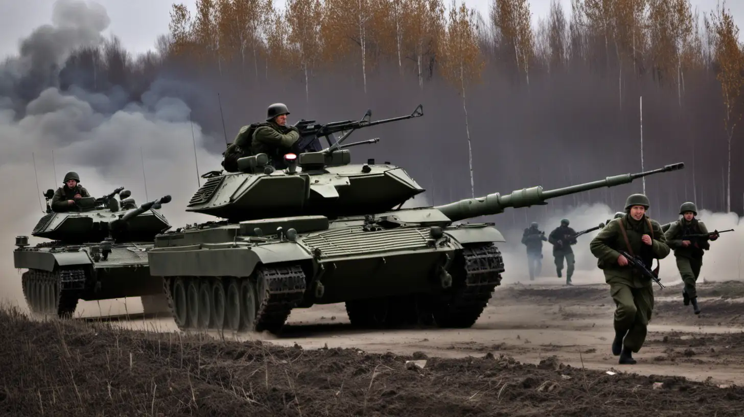 Russian Military Advancement with Tanks Artillery Infantry and Aircraft